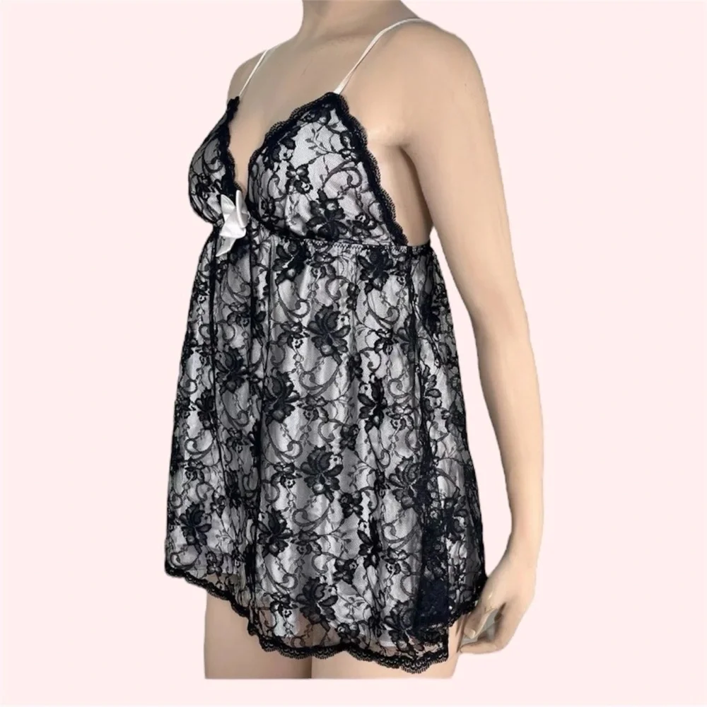 Victorias Secret Babydoll Black Lace & Satin Cami Nightie & Panty Lingerie Set - Picture 5 of 16